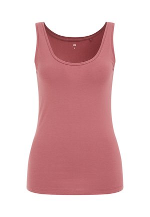 Débardeur rose à encolure arrondie et coupe slim. Fabriqué en tissu doux et extensible. Sans motifs, avec des bords nets et un design simple.