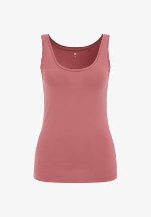 Rožinė liemenė su apvaliu kaklu ir siauru siluetu. Pagaminta iš minkštos, elastingos medžiagos. Be raštų, su švariais kraštais ir paprastu dizainu.