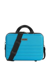 Funda rígida azul con superficie texturizada, asa negra, correa ajustable y un logotipo. Presenta un cierre de cremallera y cuatro patas para mayor estabilidad.