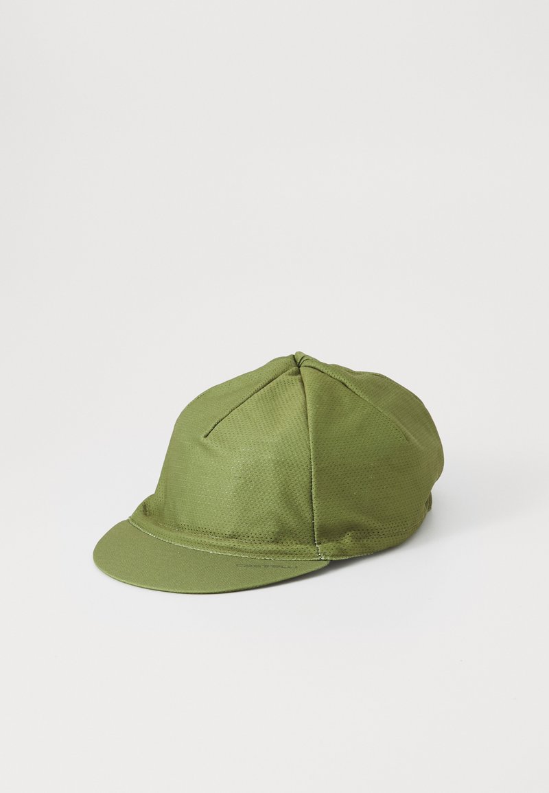 Green cap made of textured fabric, featuring a curved brim and six-panel design with visible stitching along the seams.
