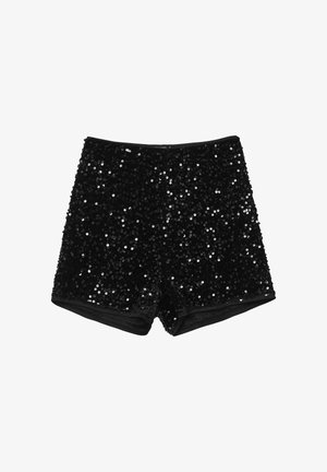Schwarze, hoch taillierte Shorts, die mit glänzenden schwarzen Pailletten bedeckt sind, mit einem glatten Bund und einer figurbetonten Silhouette.