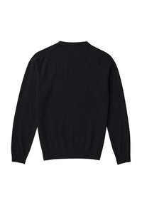 Svart långärmad tröja med rund halsringning och ribbade muddar och fåll, sedd bakifrån mot en vit bakgrund.