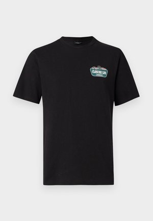 Tricou din bumbac negru cu guler rotund, mâneci scurte, având un imprimeu grafic pe pieptul stâng, în culori crem și teal.