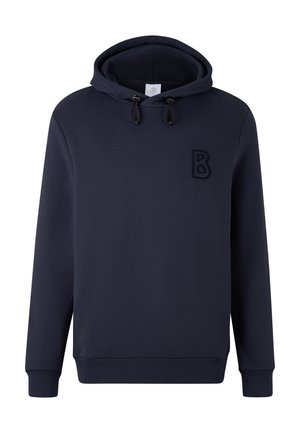 Navy blue hooded sweatshirt with long sleeves, front pocket, adjustable drawstrings, and a subtle textured "B" logo on the chest.