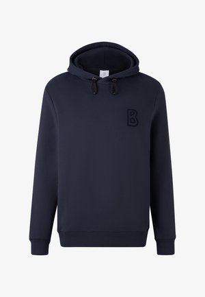 Granatowa bluza z kapturem, z długimi rękawami, przednią kieszenią, regulowanymi sznurkami oraz subtelnym, teksturowanym logo "B" na piersi.