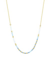 Kleurige kralenketting met lichtblauwe, witte en gouden tussenkralen op een delicate gouden ketting.