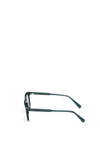 Gafas de sol de plástico verde con una montura rectangular, brazos delgados y lentes oscuros. Presenta el logotipo de la marca en el lateral.