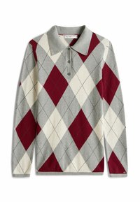 Polo a maniche lunghe in grigio, crema e bordeaux con motivo argyle. Presenta un colletto a costine e una patta con tre bottoni, texture lavorata a maglia.