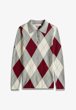 Polo a maniche lunghe in grigio, crema e bordeaux con motivo argyle. Presenta un colletto a costine e una patta con tre bottoni, texture lavorata a maglia.