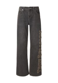 Vaqueros de pierna ancha en denim gris oscuro, con un aplique de logo desgastado en la pierna izquierda. Diseño clásico de cinco bolsillos con herrajes plateados.