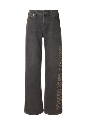 Wijde jeans in donkergrijs denim, met een verweerde logo-applicatie op het linkerbeen. Klassiek ontwerp met vijf zakken en zilverkleurige hardware.