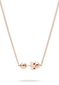 Guldkedja med två polerade sfärer kopplade av ett centralt geometriskt spänne på en vit bakgrund.