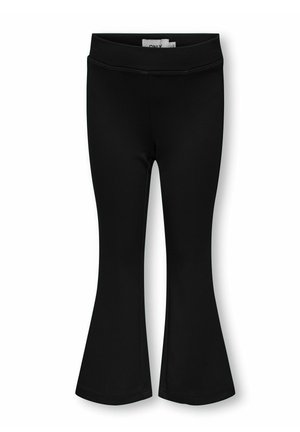 Zwarte uitlopende legging gemaakt van rekbare stof met een gladde textuur en een brede tailleband. Voorzien van een naad langs de benen en brede, uitlopende zoom.