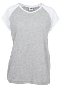 Camiseta de algodón gris con mangas raglán blancas, escote redondo y corte relajado. Textura suave, adecuada para un uso casual.