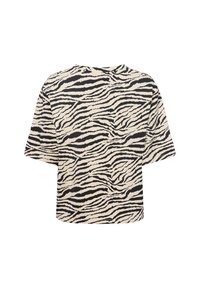 Short-sleeve top in beige with black zebra stripes. Loose fit, round neck, soft fabric with textured print.
