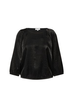 Schwarze, locker sitzende Bluse mit rundem Ausschnitt, langen Puffärmeln und dezentem Glanz. Weicher, strukturierter Stoff mit elastischen Bündchen.