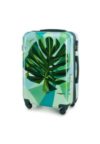 Valigia rigida con un design geometrico a foglia verde, dettagli turchesi e quattro ruote per una facile mobilità. Superficie liscia, maniglia robusta.