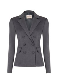 Blazer grigio doppiopetto realizzato in tessuto testurizzato, con rever a punta, due tasche frontali e bottoni a contrasto.