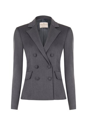 Gray double-breasted blazer made of textured fabric, featuring a peaked lapel, two front pockets, and contrasting buttons.
