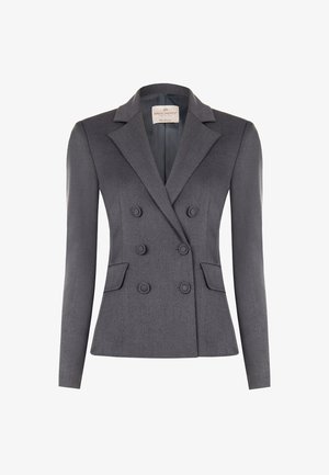 Grau gemusterte, doppelt knöpfbare Blazer aus Textilstoff mit einem schmalen Revers, zwei vorderen Taschen und kontrastierenden Knöpfen.