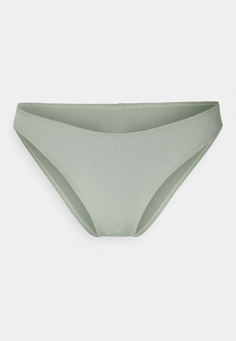 Parte de baixo de bikini verde com textura suave, apresentando um design de cintura baixa e um corte minimalista. Sem padrões ou detalhes adicionais.