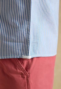 Niebiesko-biała koszula w pionowe paski opadająca na kieszeń czerwonych spodni na neutralnym tle.