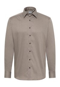 Overhemd met lange mouwen voor heren in een klein geometrisch patroon in beige, met knopen aan de voorkant en een puntige kraag.