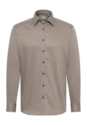 Langärmliges Herrenhemd mit kleinem geometrischen Muster in Beige, mit Knopfleiste und spitzem Kragen.