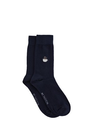 Chaussettes en coton bleu marine avec un petit motif brodé d'une tasse de café et le texte « WE FASHION » en blanc sur le côté.