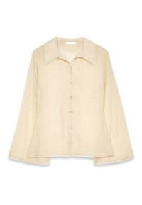 Hellbeige Bluse mit langen Ärmeln und einem kragenförmigen Ausschnitt, aus strukturiertem Stoff und mit diskreten Perlenknöpfen vorne.