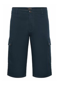 Shorts cargo bleu marine en tissu tissé, dotés de deux poches latérales et d'une fermeture à bouton à la taille. Texture lisse, longueur genoux.