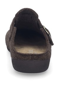Pantofole in feltro marroni con retro chiuso, soletta marrone chiaro e suola in gomma scura. Caratterizzate da una chiusura con fibbia sul lato. Texture morbida.
