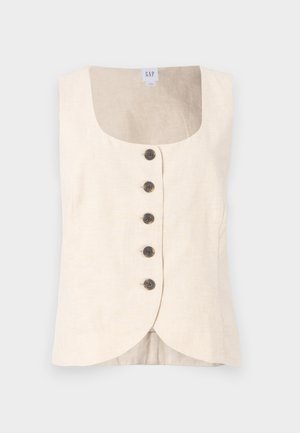 Top sin mangas de lino en beige claro con escote redondeado, botonera de cinco botones marrones y dobladillo curvado. Diseño simple y limpio.