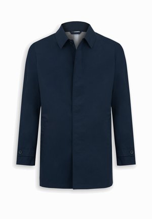 Marineblauer Herrenmantel mit langen Ärmeln, geknöpften Manschetten, klassischem Kragen und verdeckter vorderer Knopfleiste.