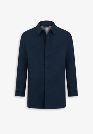 Marineblauer Herrenmantel mit langen Ärmeln, geknöpften Manschetten, klassischem Kragen und verdeckter vorderer Knopfleiste.