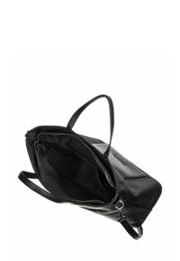 Sac d'épaule en cuir noir avec compartiment principal à fermeture éclair ouverte, deux poignées et bandoulière amovible, présenté sur un fond blanc.