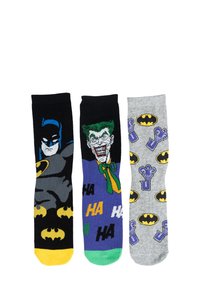 Calze nere, grigie e viola con design di Batman e Joker; includono elementi testuali e motivi di loghi di Batman e umorismo.