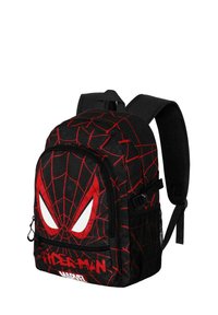 Černý batoh s výrazným designem masky Spider-Mana, červeným pavučinovým vzorem a bílými akcenty na očích. Obsahuje nastavitelné popruhy a zapínací kapsu.