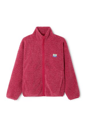 Fleecejacke in leuchtendem Pink mit hohem Kragen, durchgehendem Frontreißverschluss und strukturierter, flauschiger Stoff. Mit kleinem Markenpatch auf der Brust.