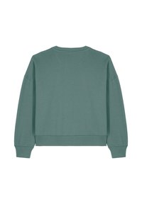Sweatshirt vert avec épaules tombantes, encolure ronde et poignets côtelés. Fabriqué en tissu en coton doux, il présente une coupe décontractée.