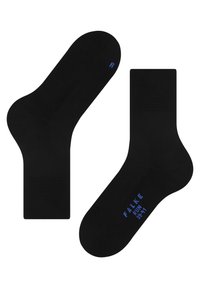 Svarta ankelstrumpor med texten "FALKE RUN 39-41" i blått på sulan och ett blått "R" på tån av den högra strumpan.