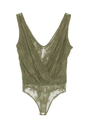Body verde in pizzo con scollo a V profondo, design senza maniche, motivo floreale e tessuto in mesh trasparente.