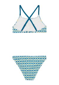 Set di bikini blu a fantasia composto da un bralette con schiena incrociata e imbottitura removibile, e da un paio di slip a vita bassa coordinati, entrambi realizzati in tessuto per costumi da bagno.
