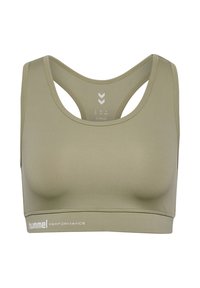 Sportowy stanik w oliwkowozielonym kolorze, wykonany z gładkiego, elastycznego materiału. Posiada fason racerback oraz logo "hummel PERFORMANCE" na dole.