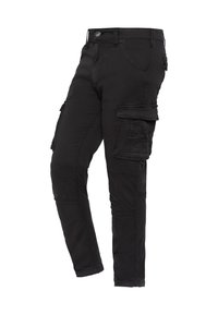 Zwarte cargobroek van katoenmix, voorzien van meerdere zakken, een aansluitend model en een getextureerde stof met verstevigde knie-naden.