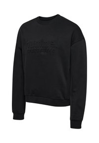 Zwarte sweatshirt van een katoenmix, met een effen ontwerp, geribde ronde hals en reliëflogo "hummel SPORTSWEAR" aan de voorkant.