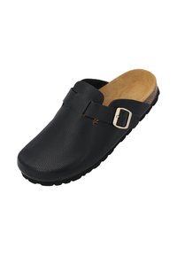 Black leather clog with textured surface, adjustable buckle strap, cushioned tan insole, and durable rubber outsole.