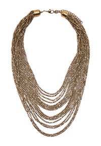 Złoty naszyjnik wielowarstwowy składający się z małych, połączonych koralików o gładkim wykończeniu; posiada zapięcie oraz metalowe akcenty dla bezpiecznego zamknięcia.