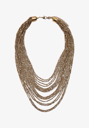 Złoty naszyjnik wielowarstwowy składający się z małych, połączonych koralików o gładkim wykończeniu; posiada zapięcie oraz metalowe akcenty dla bezpiecznego zamknięcia.