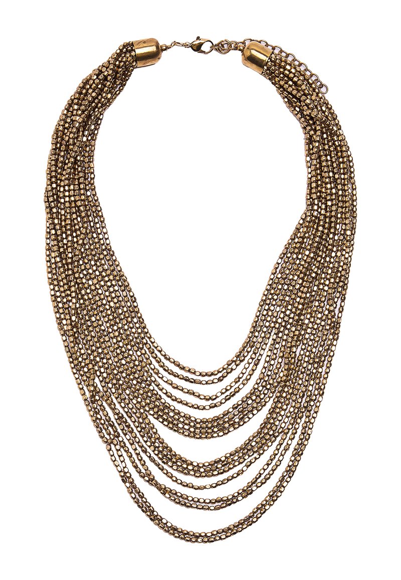 Złoty naszyjnik wielowarstwowy składający się z małych, połączonych koralików o gładkim wykończeniu; posiada zapięcie oraz metalowe akcenty dla bezpiecznego zamknięcia.